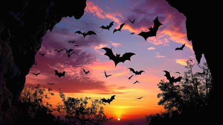 Silhouette of bats against a colorful sunset, flying out of a caveの素材