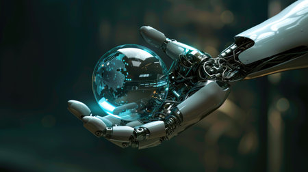 Robotic hand holding a round tech element, symbolizing the future of artificial intelligence and innovation, with copy spaceの素材