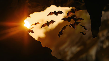Silhouettes of bats in flight at sunset, emerging from a cave entranceの素材