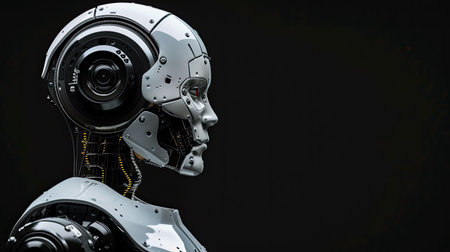 Sleek industrial robot model on black background, representing future techの素材