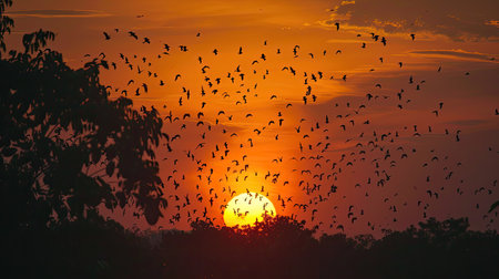 Sunset over Battambang with millions of bats leaving a cave to feed, sky aglowの素材