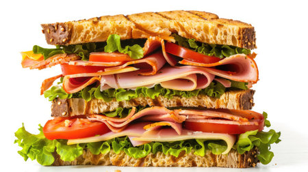 Tall sandwich with layers of ham, turkey, cheese, lettuce, and tomato, isolated on white backgroundの素材