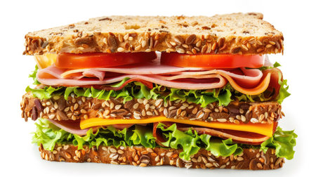 Tall sandwich with layers of ham, turkey, cheese, lettuce, and tomato on whole grain bread, isolatedの素材