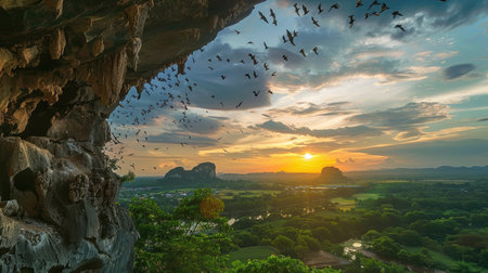 Sunset over Battambang with bats emerging from a cave, creating a dramatic sceneの素材