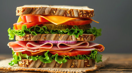 Tall sandwich with layers of ham, turkey, cheese, lettuce, and tomato on whole grain bread, isolatedの素材