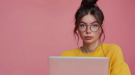 Young female designer with glasses and laptop, coworking ready, isolated on pink backgroundの素材