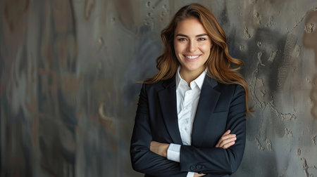 Businesswoman in a suit, standing confidently with a smileの素材
