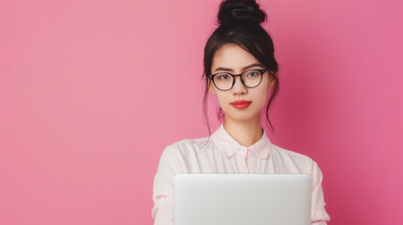 Young female designer with glasses and laptop, isolated on pink, heading to coworkingの素材
