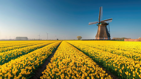 Majestic windmill turbines and yellow tulip fields under a clear blue sky, Netherlandsの素材