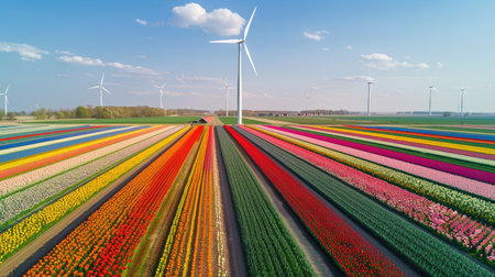 Colorful tulip fields with windmill turbines in the distance, Netherlands, Europeの素材