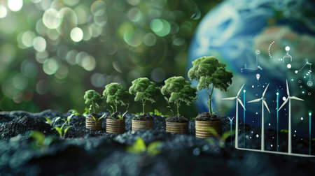 Eco energy: trees growing on coins, growth chart with renewable energy icons, Earth viewの素材