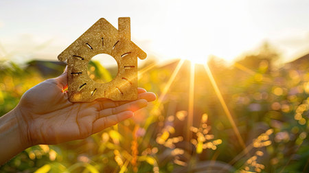 Eco-friendly living: hand holds a wooden house in sun shape, symbolizing solar energyの素材
