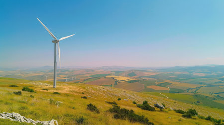 Windmills for green energy production in rural Spain, clear skies and rolling hillsの素材