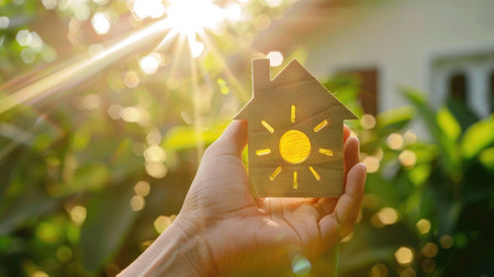 Hand holds a wooden house in the form of a sun, representing solar energy and ecologyの素材
