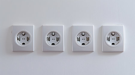 Close-up of white plastic sockets on a renovated wall in a new apartment, power supplyの素材