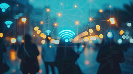 Business communication with WiFi icon, symbolizing social connectivity and networkingの素材