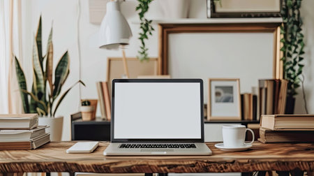 Wooden table featuring laptop with blank white screen, books, coffee cup, and picture frameの素材