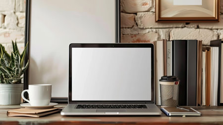 Desk with laptop, blank white screen, books, coffee cup, and picture frame on wooden tableの素材