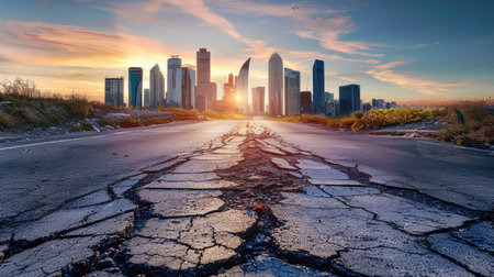 City skyline with modern buildings at sunrise, cracked asphalt highway leading forwardの素材