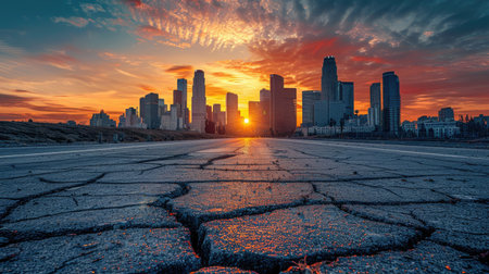 City skyline at sunrise, cracked asphalt highway stretching into urban horizonの素材
