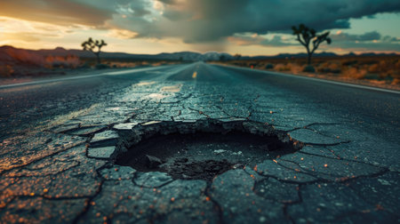 Deep pothole on the damaged asphalt road of an American highwayの素材