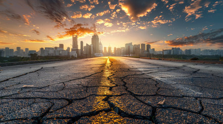 Cracked asphalt highway pointing towards city skyline with modern buildings at sunriseの素材