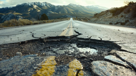 Damaged asphalt road on an American highway with a deep potholeの素材