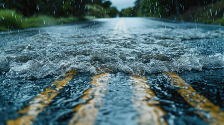 Rainstorm causing water to flow across an asphalt road, draining into the carriagewayの素材
