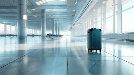 Empty airport hall with traveler cases, ready for departure, vacation concept, blank space for textの素材