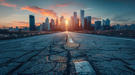 Modern city skyline at sunrise, straight asphalt highway with cracks leading to the cityの素材