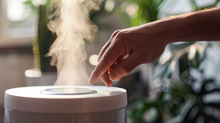 Man's hand on digital button of humidifier in smart home, close-upの素材