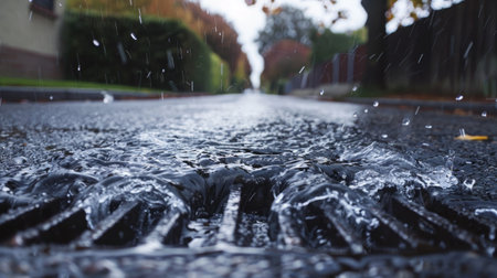 Stormwater draining from an asphalt road, flowing towards a storm drain on the carriagewayの素材