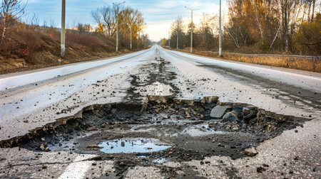 American highway with damaged asphalt and deep pothole, urgent repair requiredの素材