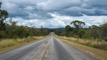 Matilda Highway's straight road beneath the overcast Queensland skyの素材