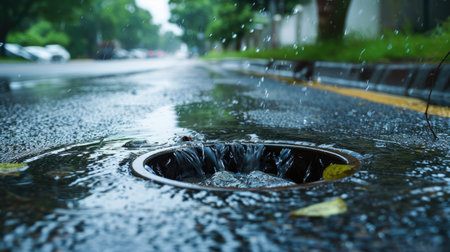 Rainwater draining from an asphalt road, flowing off the carriageway into storm drainsの素材