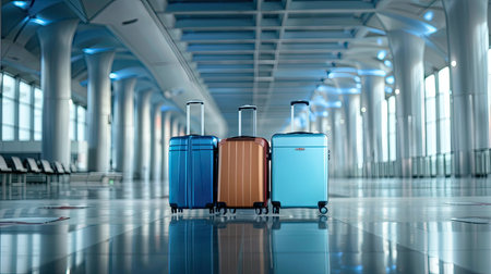 Travel suitcases in empty airport terminal, vacation concept, blank space for textの素材