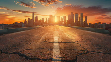 Straight asphalt highway with visible cracks, leading to modern city skyline at sunriseの素材