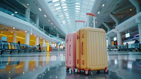 Travel suitcases in an empty airport hall, waiting in the departure terminal, vacation concept, blank space for textの素材