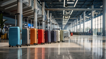 Travel suitcases waiting in airport terminal, empty hall, vacation concept, blank space for textの素材