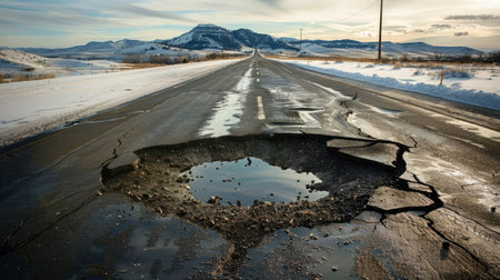 Ruined American highway with large pothole requiring immediate repairの素材