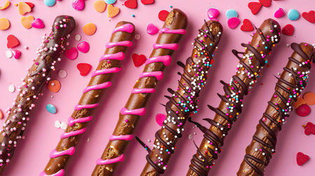 Chocolate-covered pretzel rods getting a drizzle of melted chocolate and sprinkles, Valentine's flat layの素材