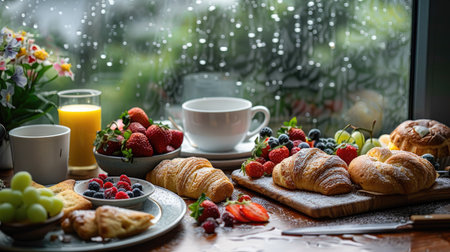 Brunch spread by a rainy window, with fresh pastries, fruit, and steaming coffee creating a cozy atmosphereの素材
