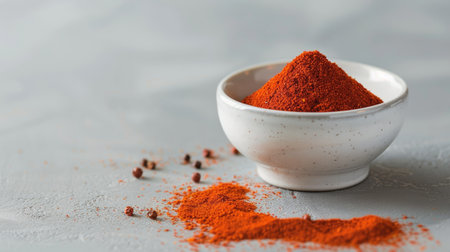Close-up of Korean chili powder coarse in a minimalist white bowl, ideal for spicy food presentations.の素材