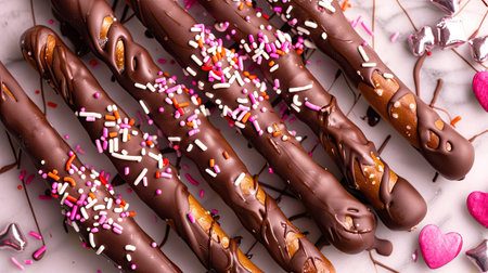 Chocolate-covered pretzel rods decorated with sprinkles, flat lay with melted chocolate drizzle for Valentine'sの素材