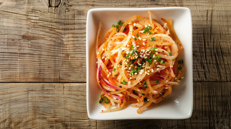 Korean food Musaengchae, seasoned julienned radish salad, in a white square dish, top view, South Koreaの素材