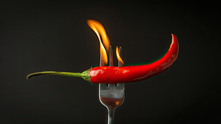 Fiery red chili pepper on a fork, flames illuminating its spicy essence against a sleek black backdrop.の素材