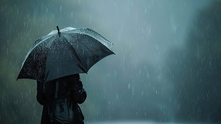 Hand of a woman gripping an umbrella, walking in the rain with a sad look. Drizzling and overcast skyの素材