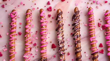 Valentine's pretzel rods being decorated with melted chocolate drizzle and sprinkles, flat layの素材