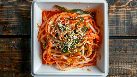 Musaengchae, Korean radish salad, in a white square dish, top view, South Koreaの素材