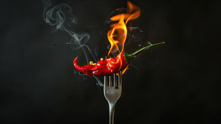 Vibrant red hot pepper skewered on a fork, flames engulfing it, set against a stark black background for intense culinary themes.の素材